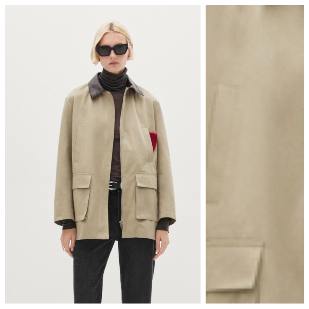 NWT. Massimo Dutti Khaki Tan Leather Collar Parka Jacket. Size S.